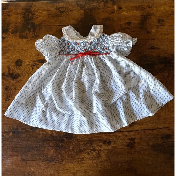 Vintage Hand-Smocked Baby or Doll Dress With Polka Dots & Lace Collar - Picture 1 of 16